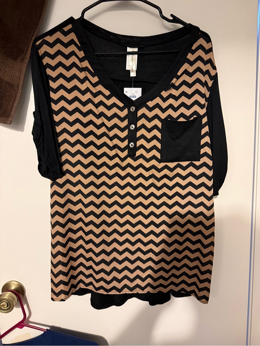 Perseption Black & Tan Chevron Button V-Neck Top with Pocket